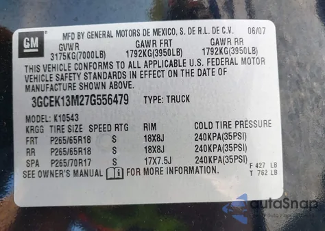 2007 Chevrolet Silverado K1500 Crew Cab z USA, uszkodzony, nr VIN 3GCEK13M27G556479